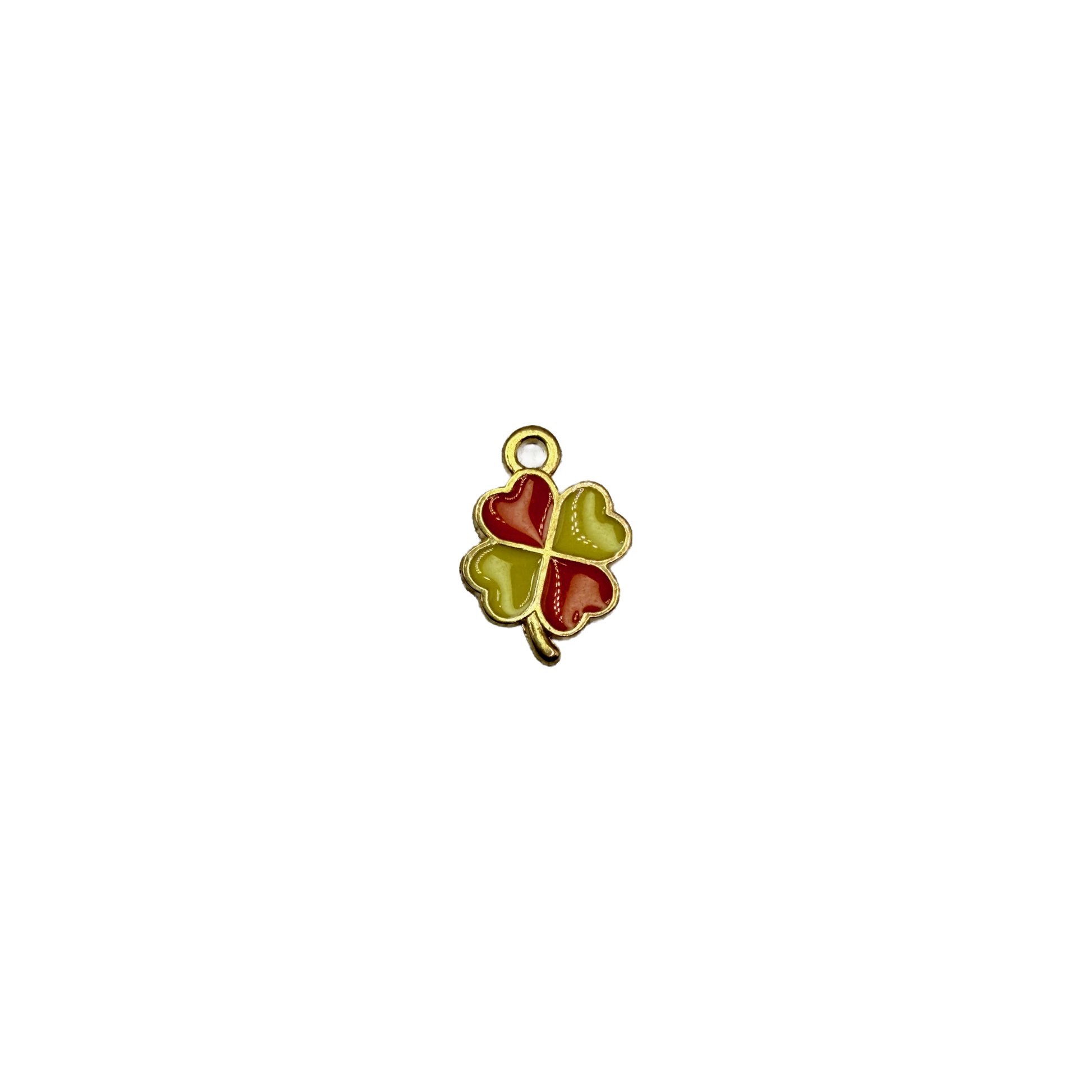 Gold four-leaf clover with red and green enamel heart leaves