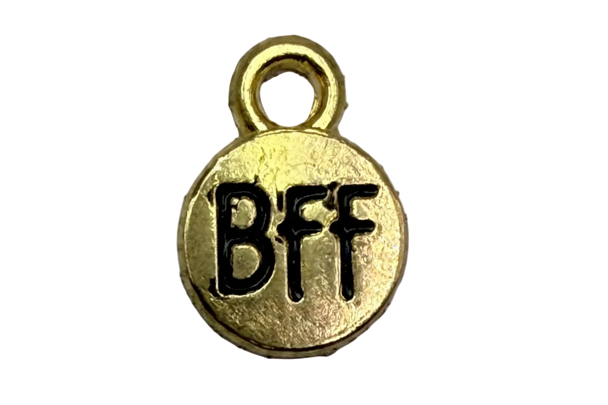 Round gold tag with black BFF lettering and textured finish