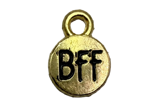 Round gold tag with black BFF lettering and textured finish