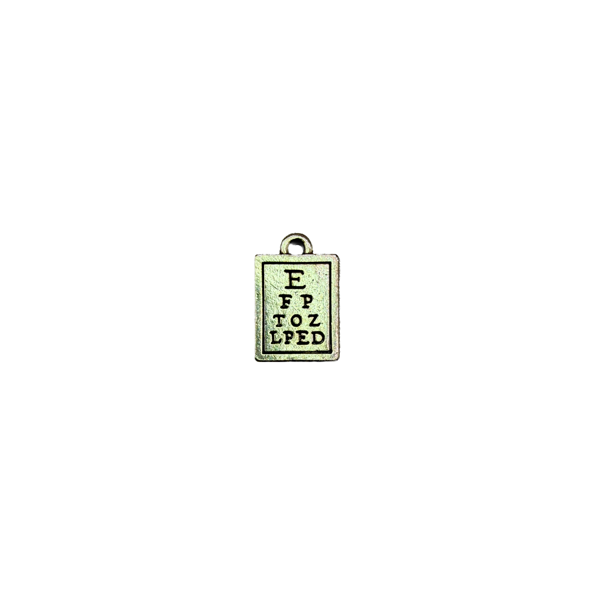 Antiqued silver eye chart tag with engraved letters