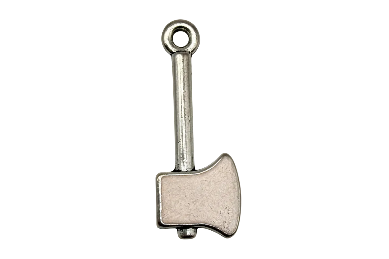 Antique silver-tone hatchet axe charm with textured finish on black background