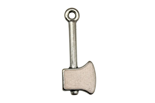 Antique silver-tone hatchet axe charm with textured finish on black background