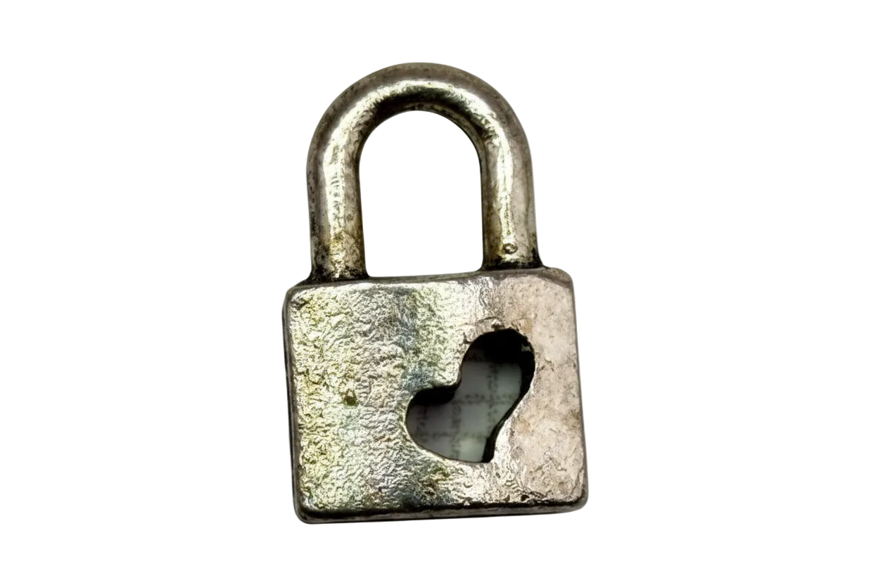 Antique silver padlock charm with heart-shaped keyhole cutout and warm-toned top detail