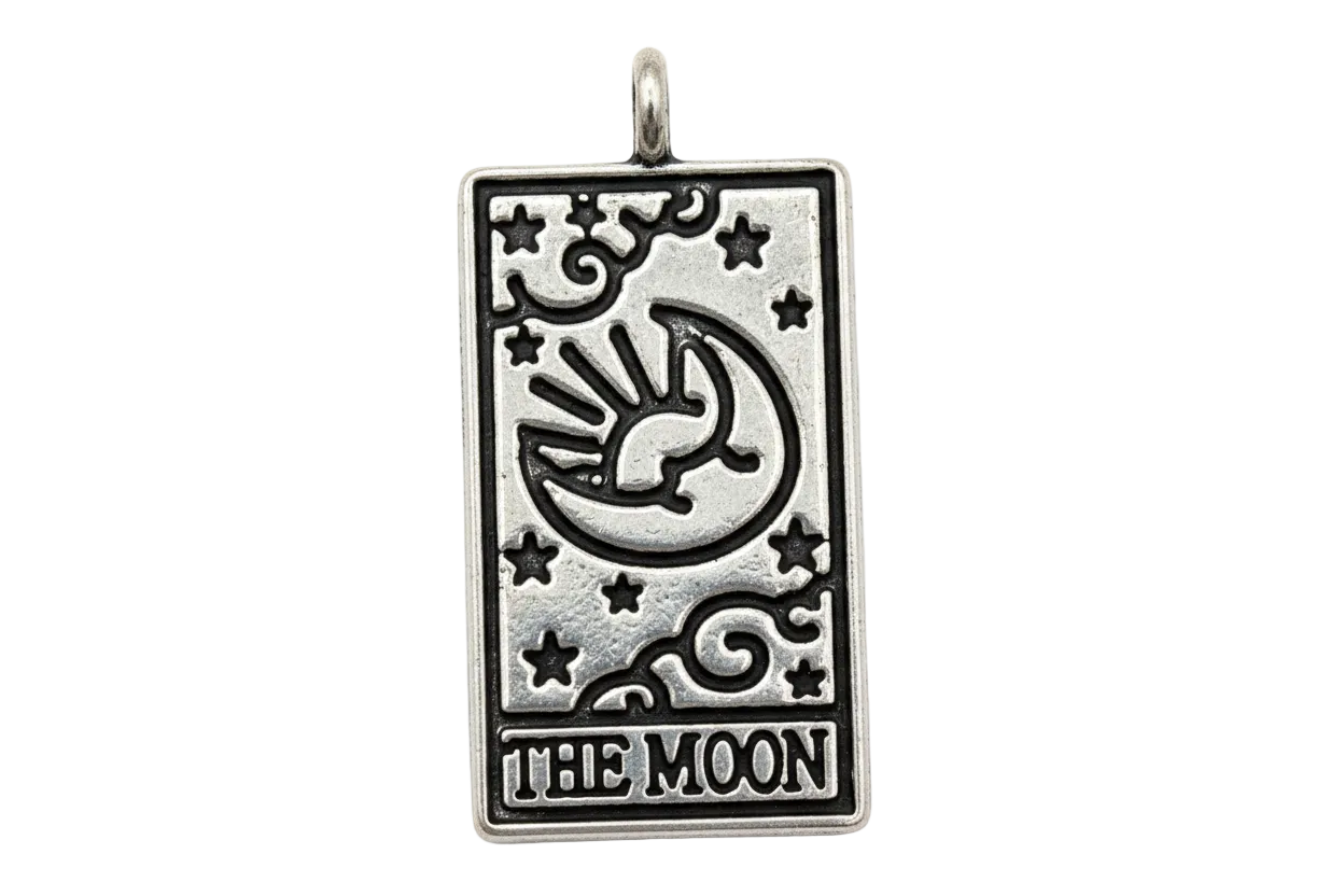 Antiqued silver tarot moon card charm with crescent moon, stars, and "THE MOON" lettering