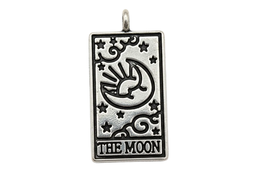 Antiqued silver tarot moon card charm with crescent moon, stars, and "THE MOON" lettering