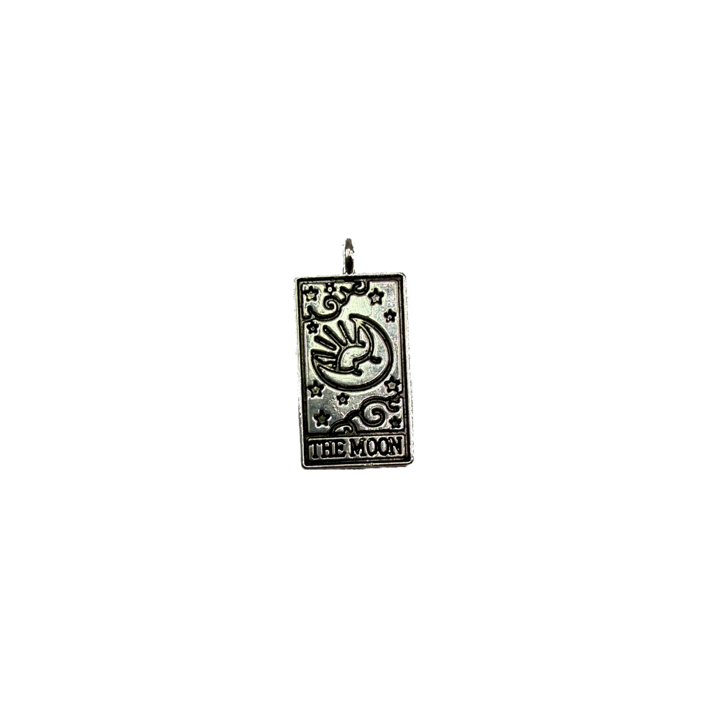 Silver tarot moon card with crescent moon, stars, and "THE MOON" text