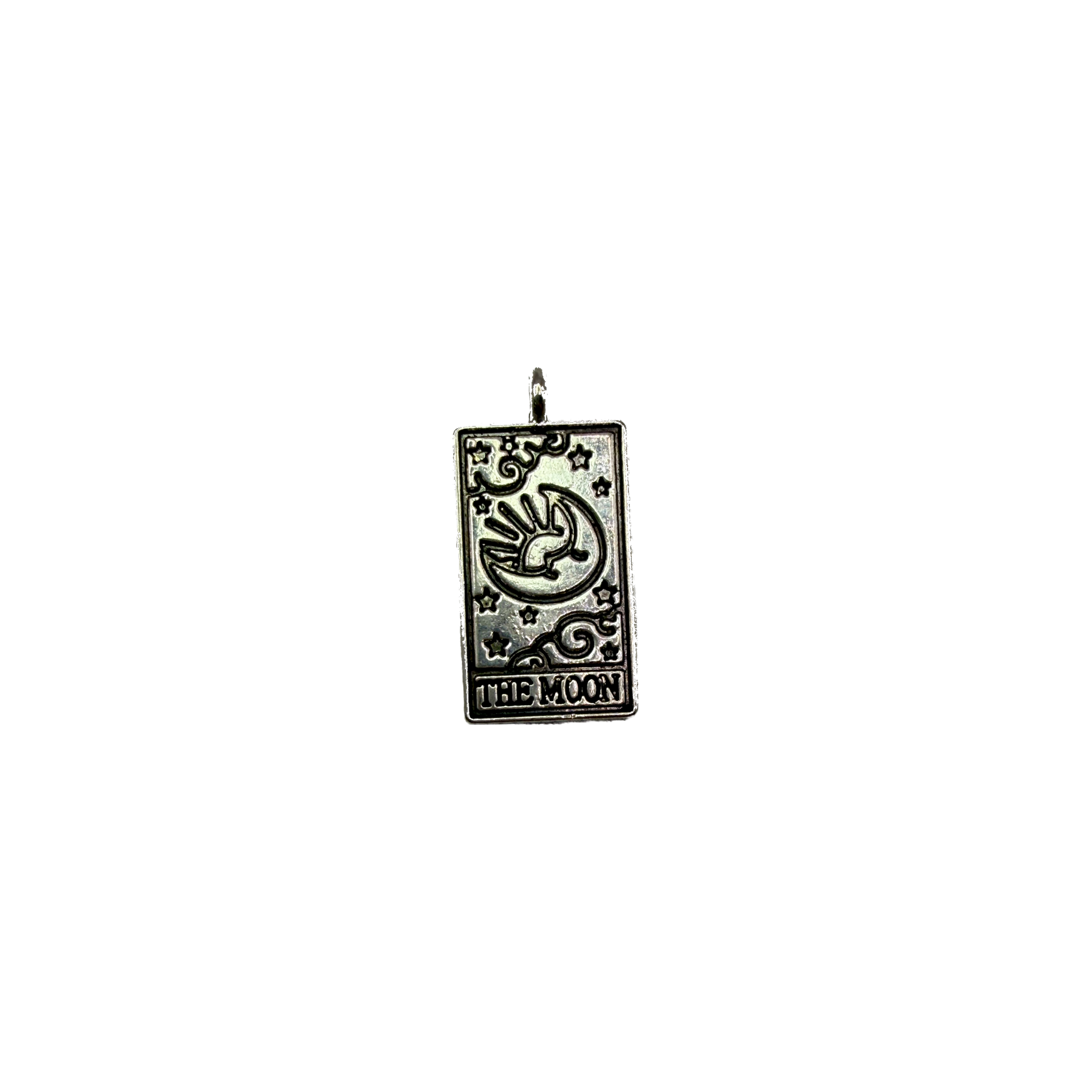 Silver tarot moon card with crescent moon, stars, and "THE MOON" text