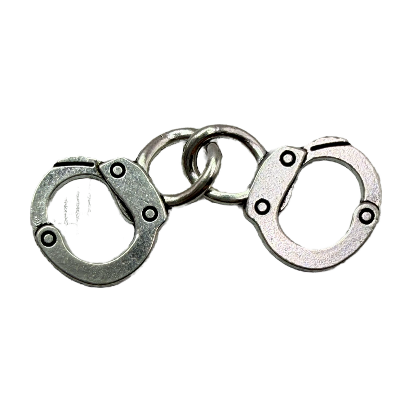 Linked silver handcuffs charm with dark rivet details