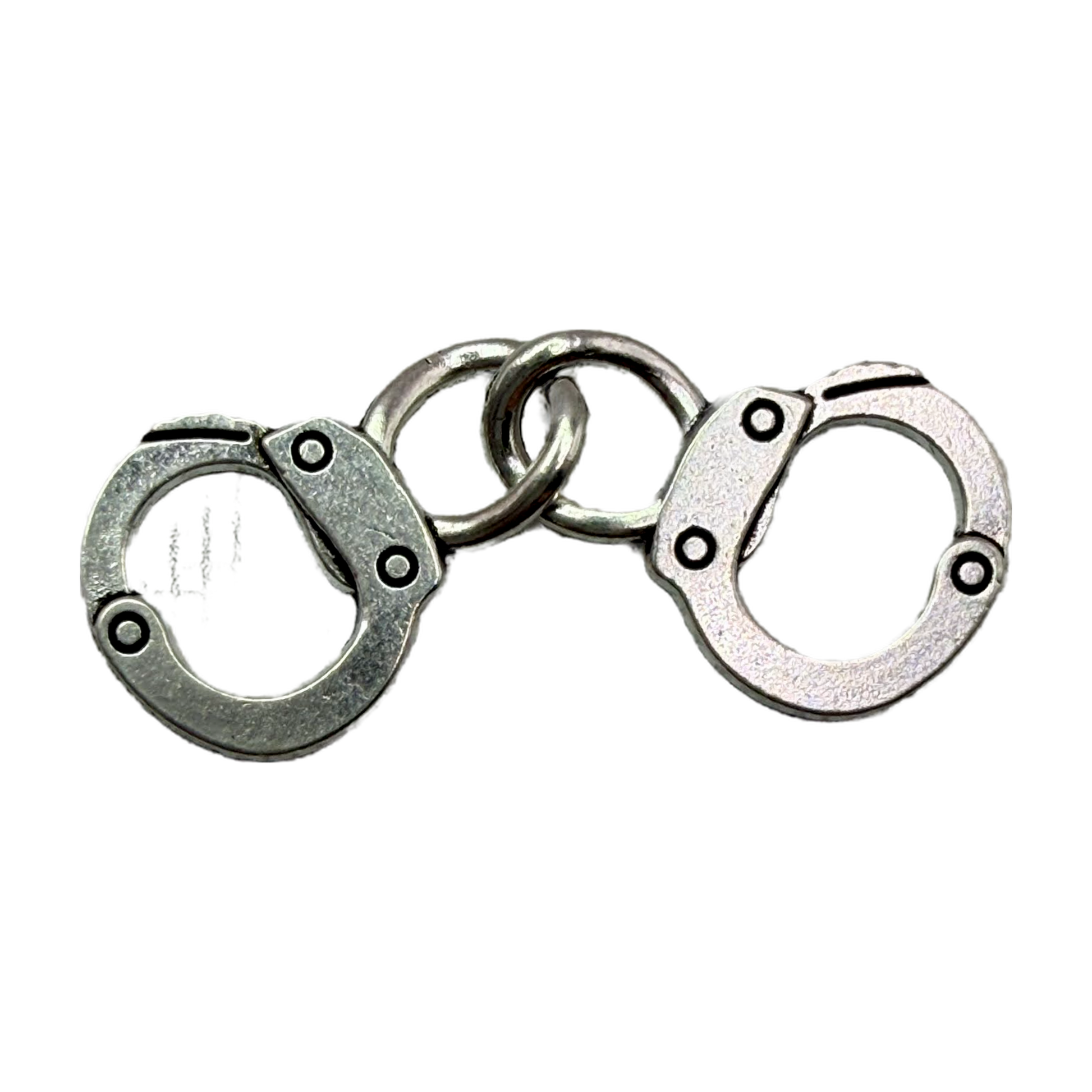 Linked silver handcuffs charm with dark rivet details