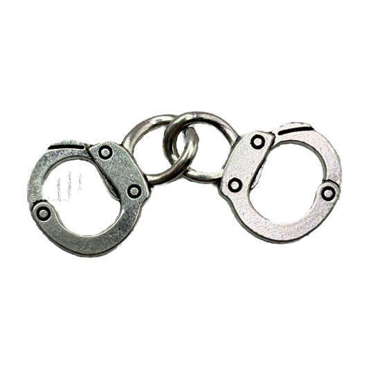 Linked silver handcuffs charm with dark rivet details