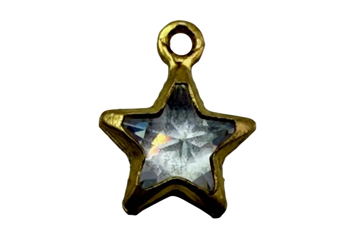 Gold star charm with faceted clear crystal gem and subtle rainbow sheen