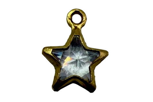 Gold star charm with faceted clear crystal gem and subtle rainbow sheen