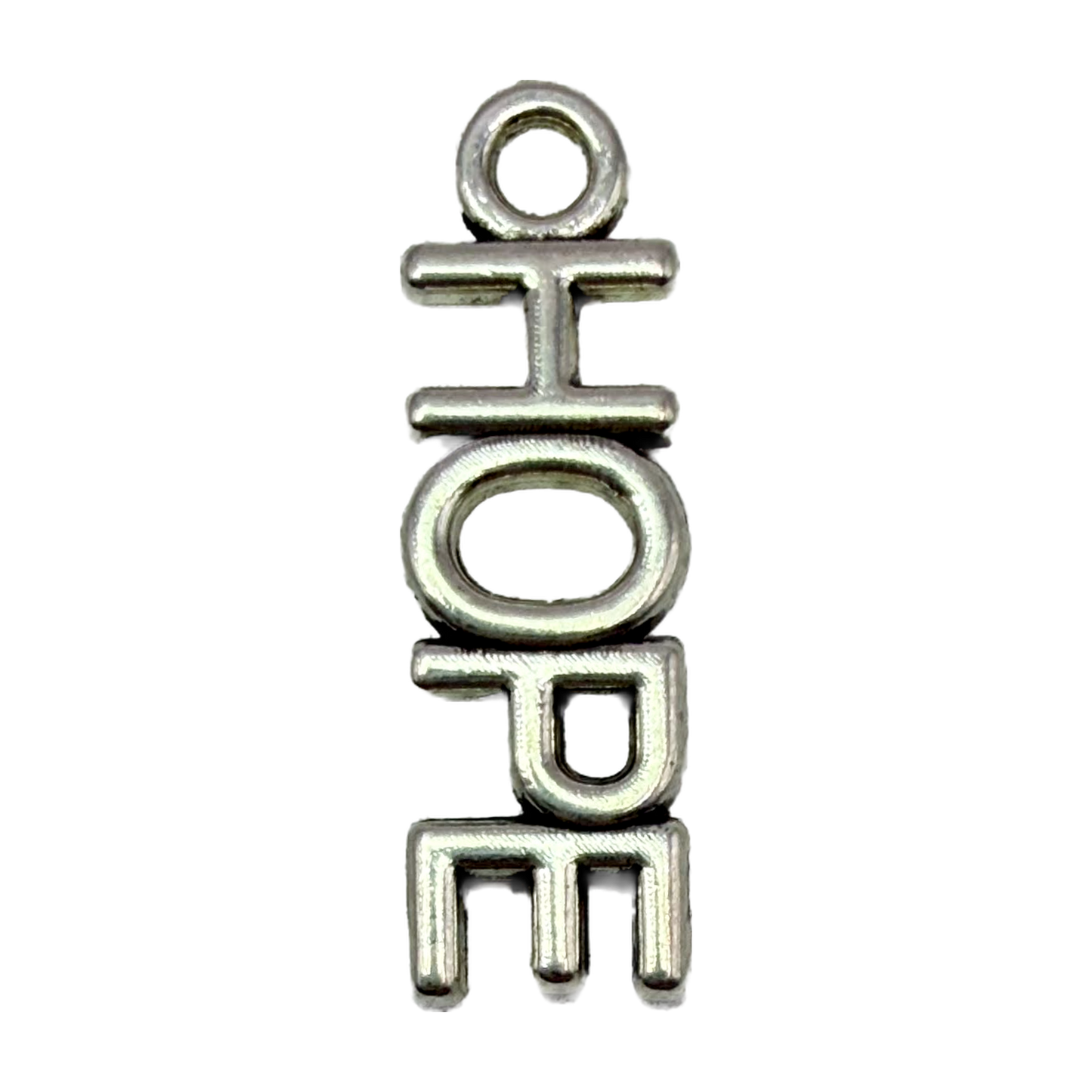 Vertical HOPE word charm in polished silver metal on a black background