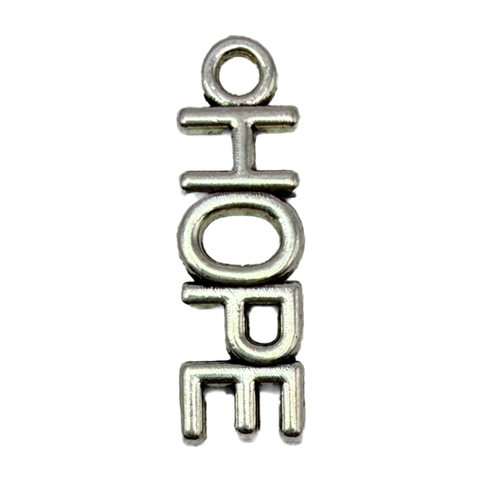 Vertical HOPE word charm in polished silver metal on a black background