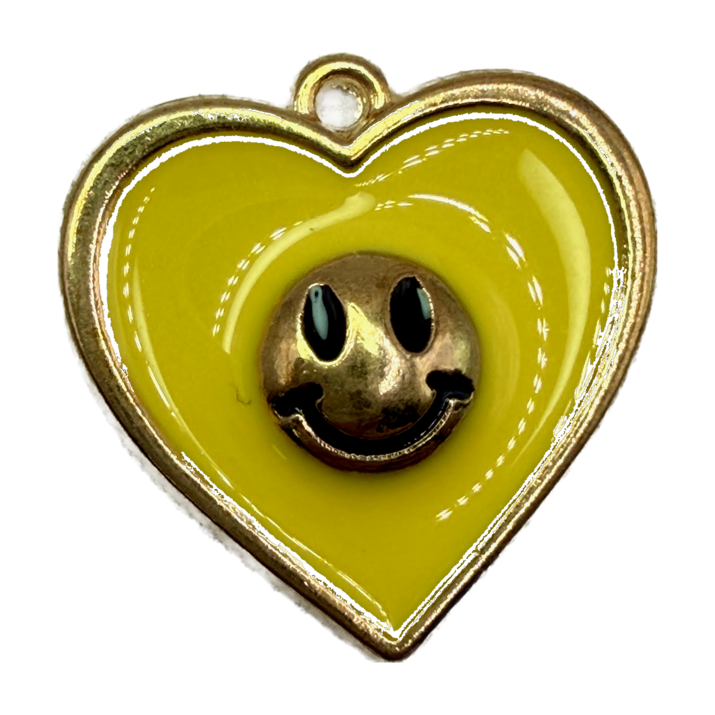 Glossy yellow enamel heart with gold smiley face and gold border