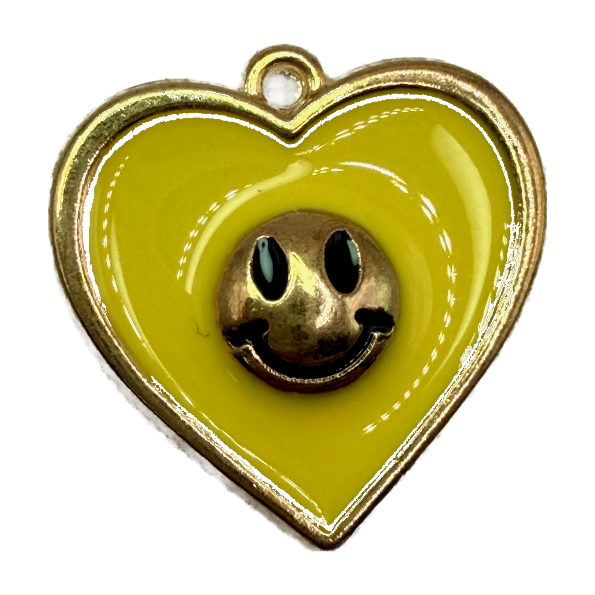 Glossy yellow enamel heart with gold smiley face and gold border