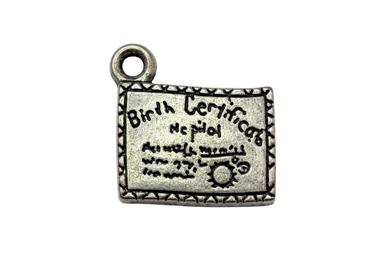 Antiqued silver rectangular document plaque with engraved script, studded border, and seal detail