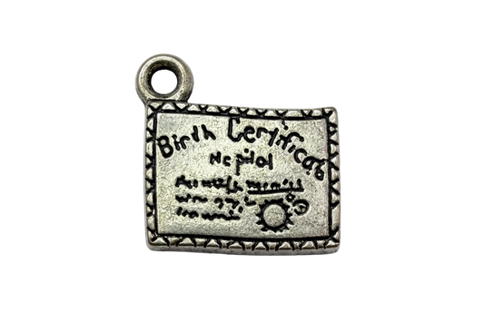 Antiqued silver rectangular document plaque with engraved script, studded border, and seal detail
