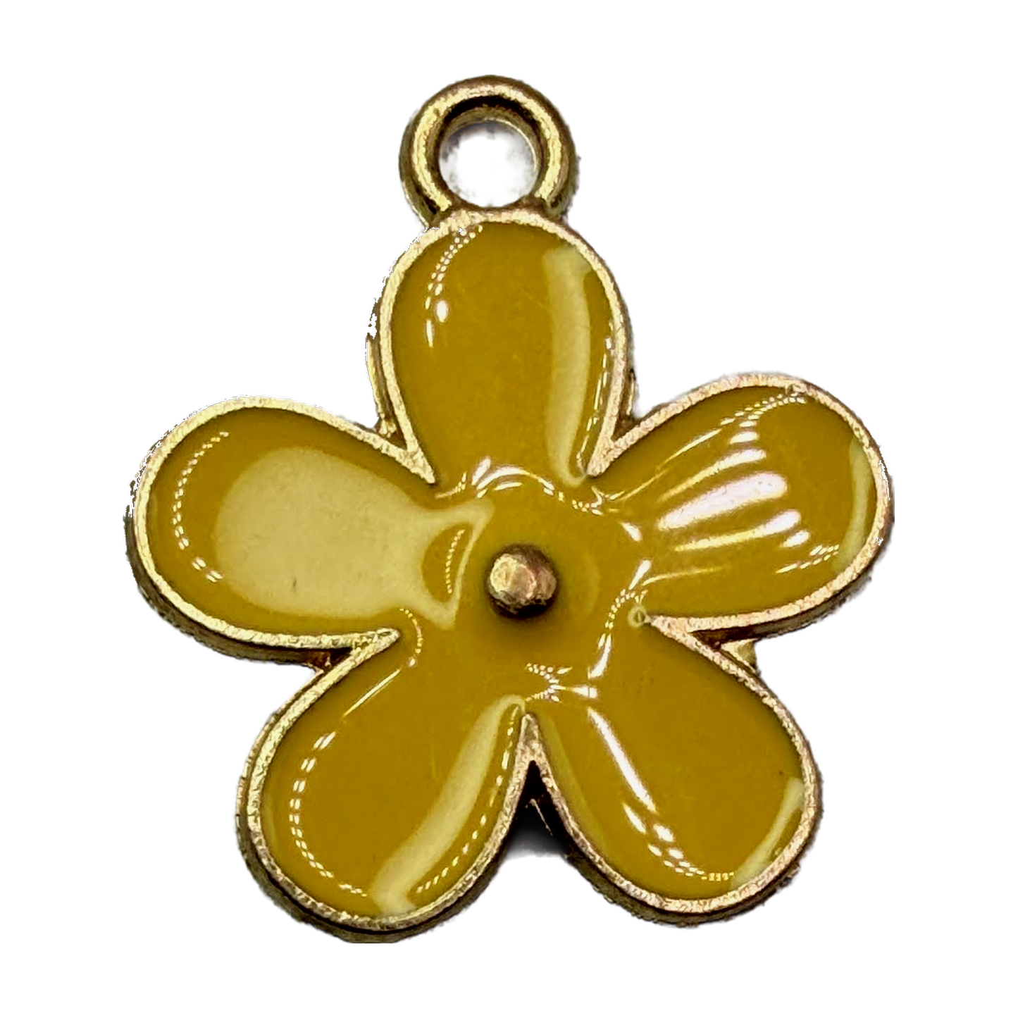 Glossy mustard yellow five-petal flower with gold outline and center dot