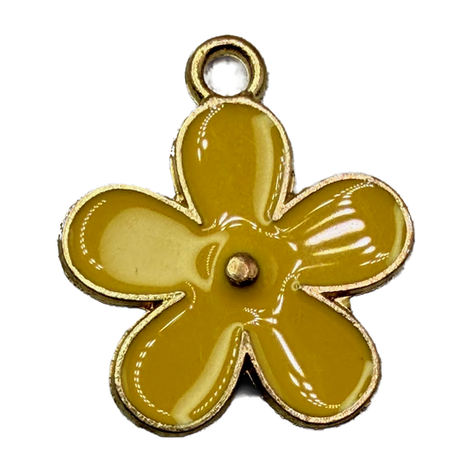 Glossy mustard yellow five-petal flower with gold outline and center dot