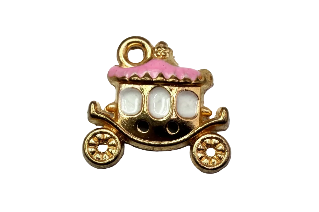 Gold fairytale carriage charm with pink roof and three white cabochon windows