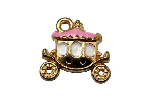 Gold fairytale carriage charm with pink roof and three white cabochon windows