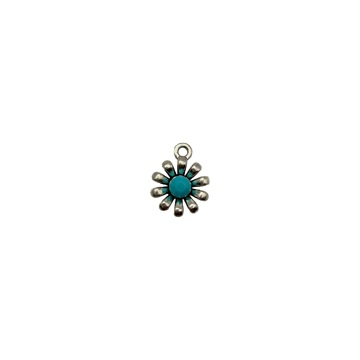 Silver sunburst flower with turquoise center