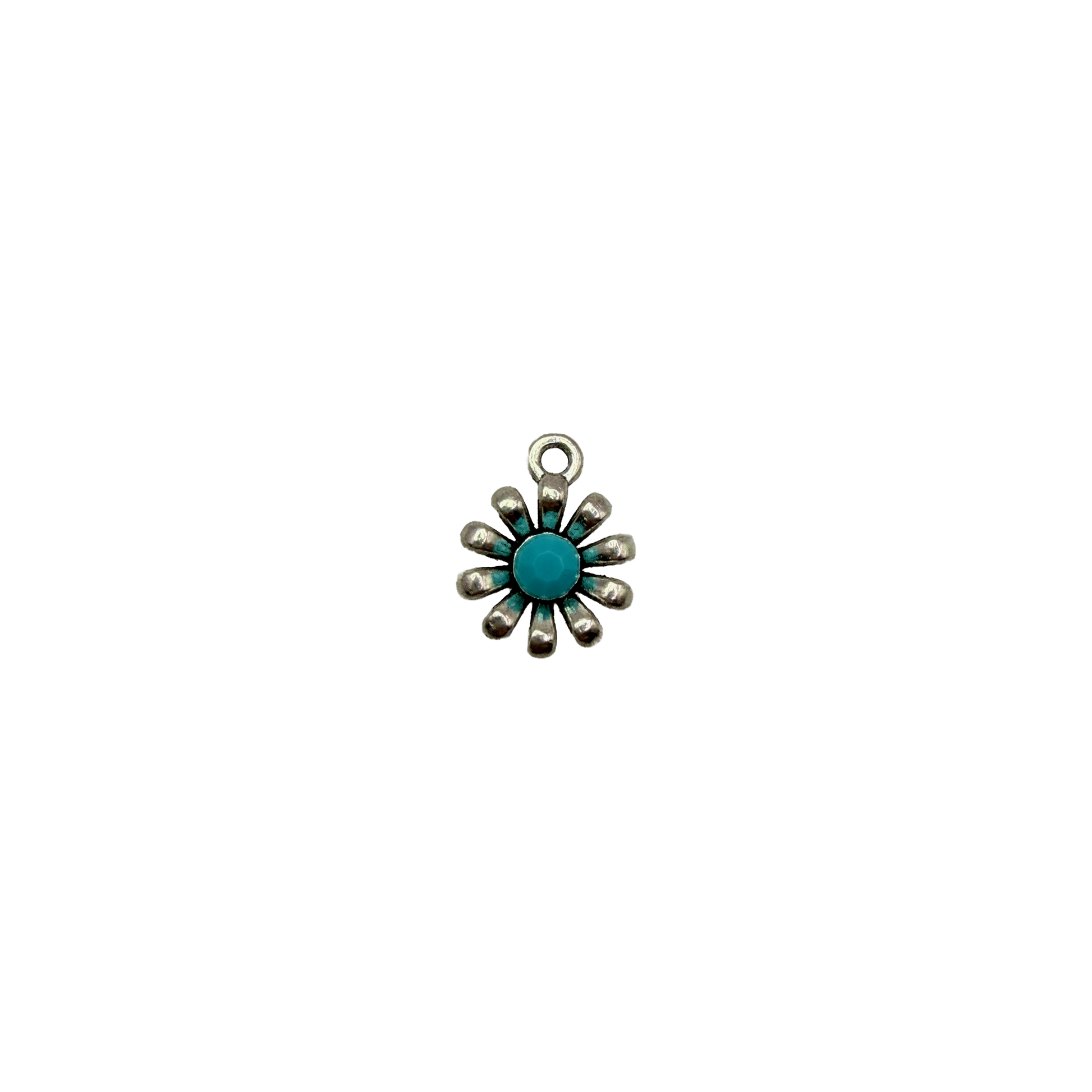 Silver sunburst flower with turquoise center
