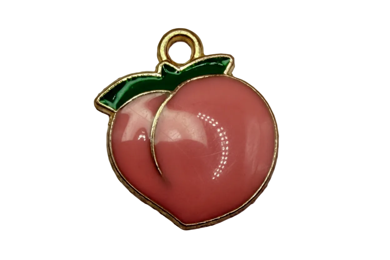 Glossy pink peach with green leaves and gold outline