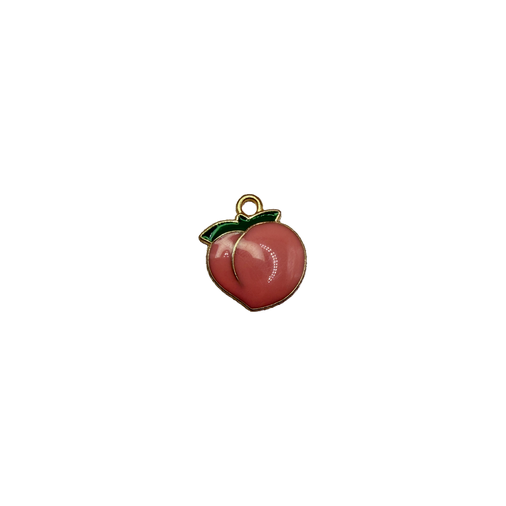 Pink peach with green leaves, gold outline