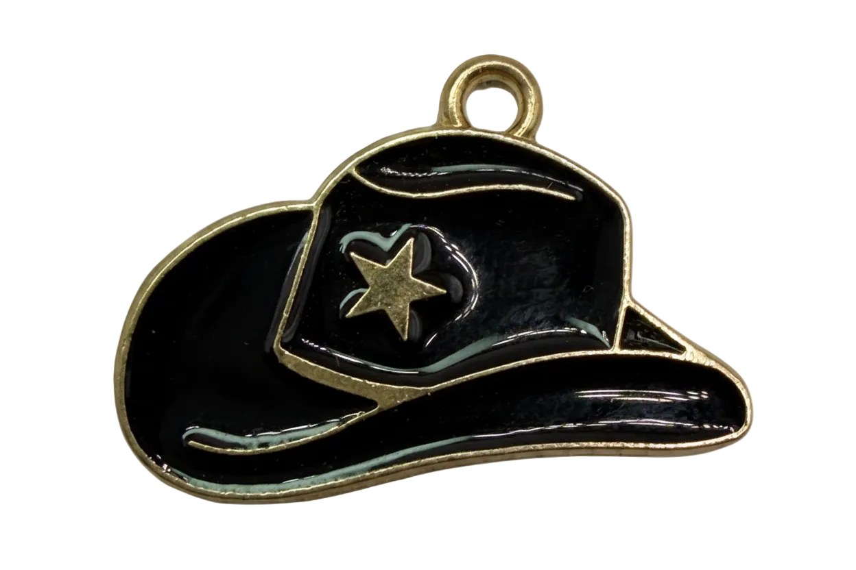 Glossy black enamel baseball cap with gold outline and star detail