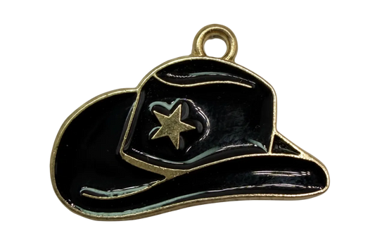 Glossy black enamel baseball cap with gold outline and star detail