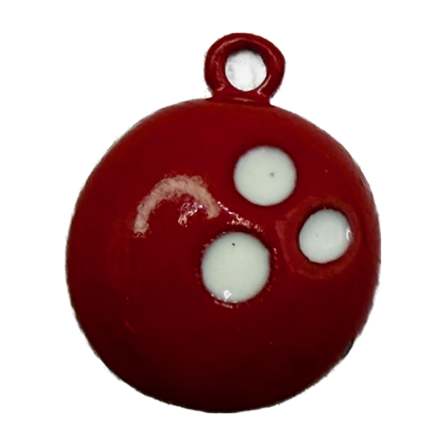 Glossy red enamel round disc with three white polka dots, silver-toned finish