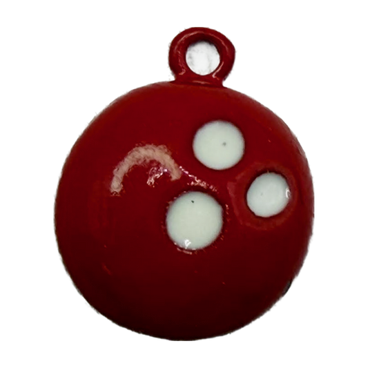 Glossy red enamel round disc with three white polka dots, silver-toned finish