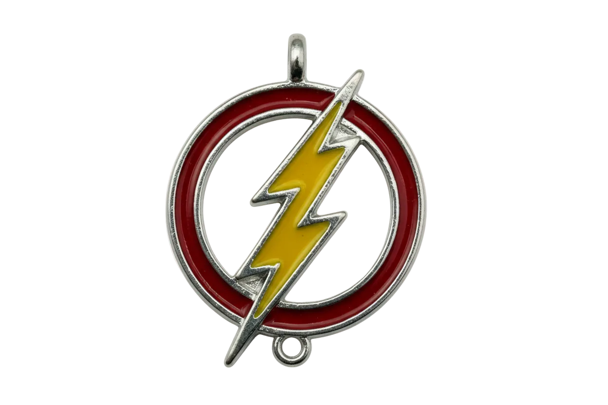 Silver-toned lightning bolt in yellow enamel with glossy red circle outline