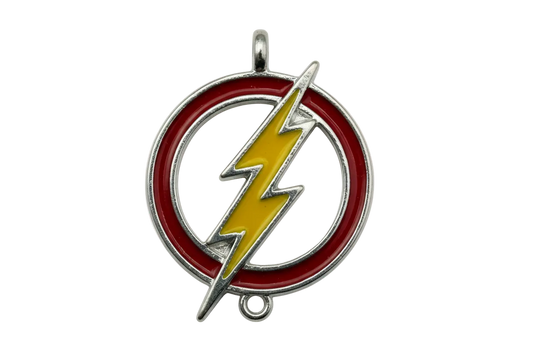 Silver-toned lightning bolt in yellow enamel with glossy red circle outline