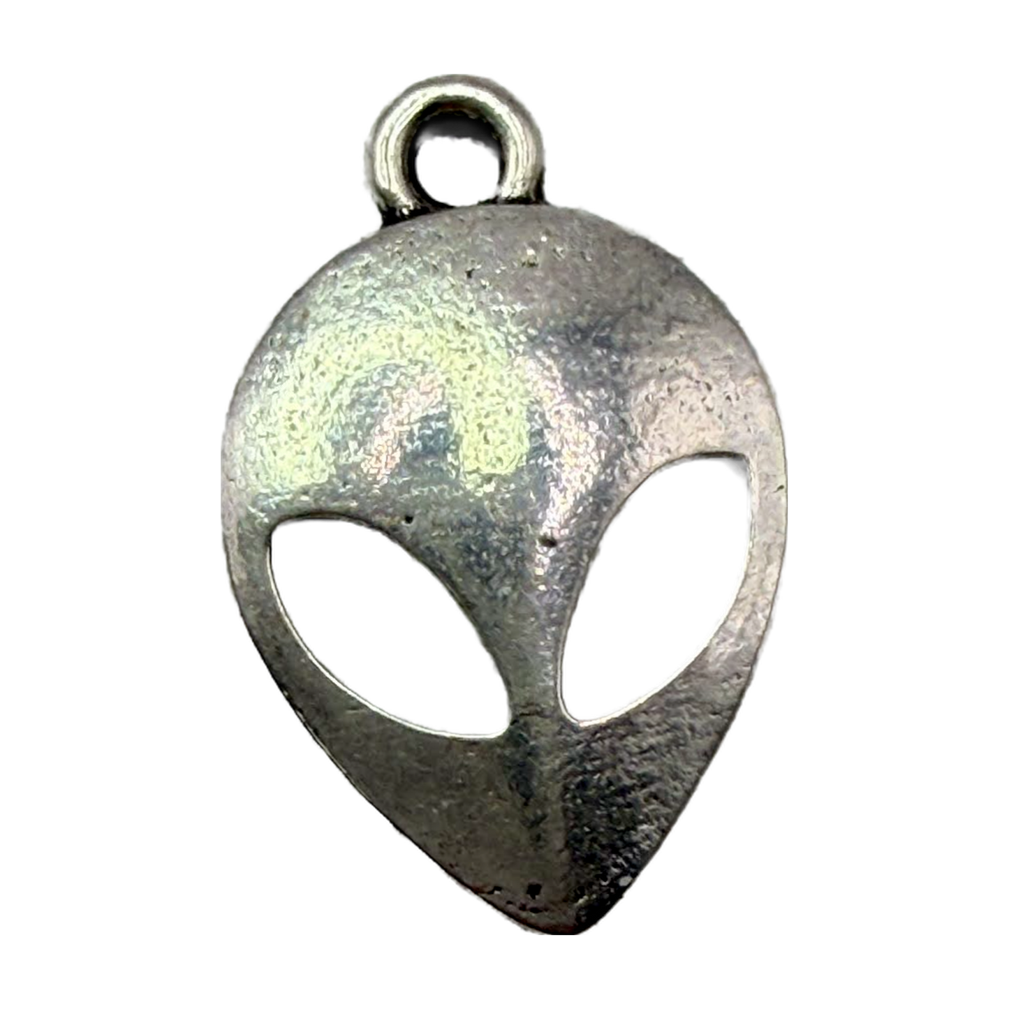 Textured silver alien head face charm with cutout eyes