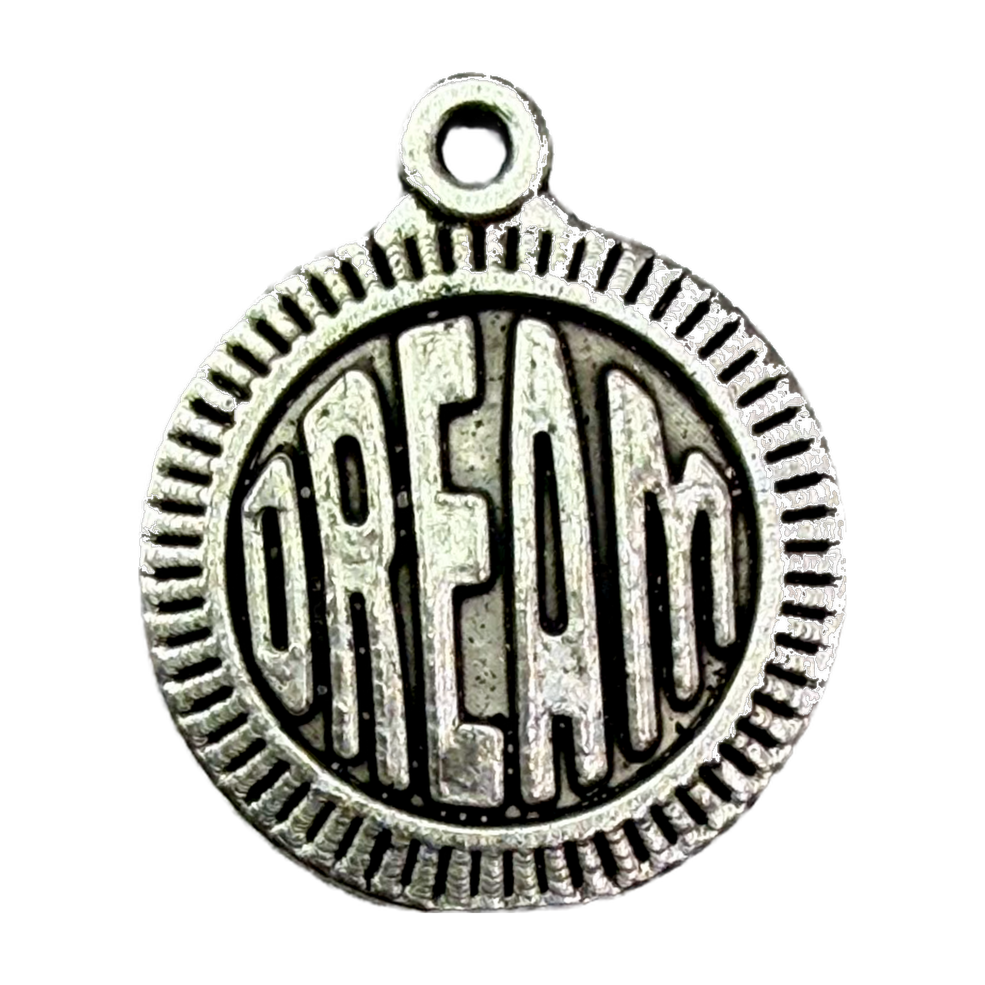 Antiqued silver round coin with raised DREAM lettering and ridged border
