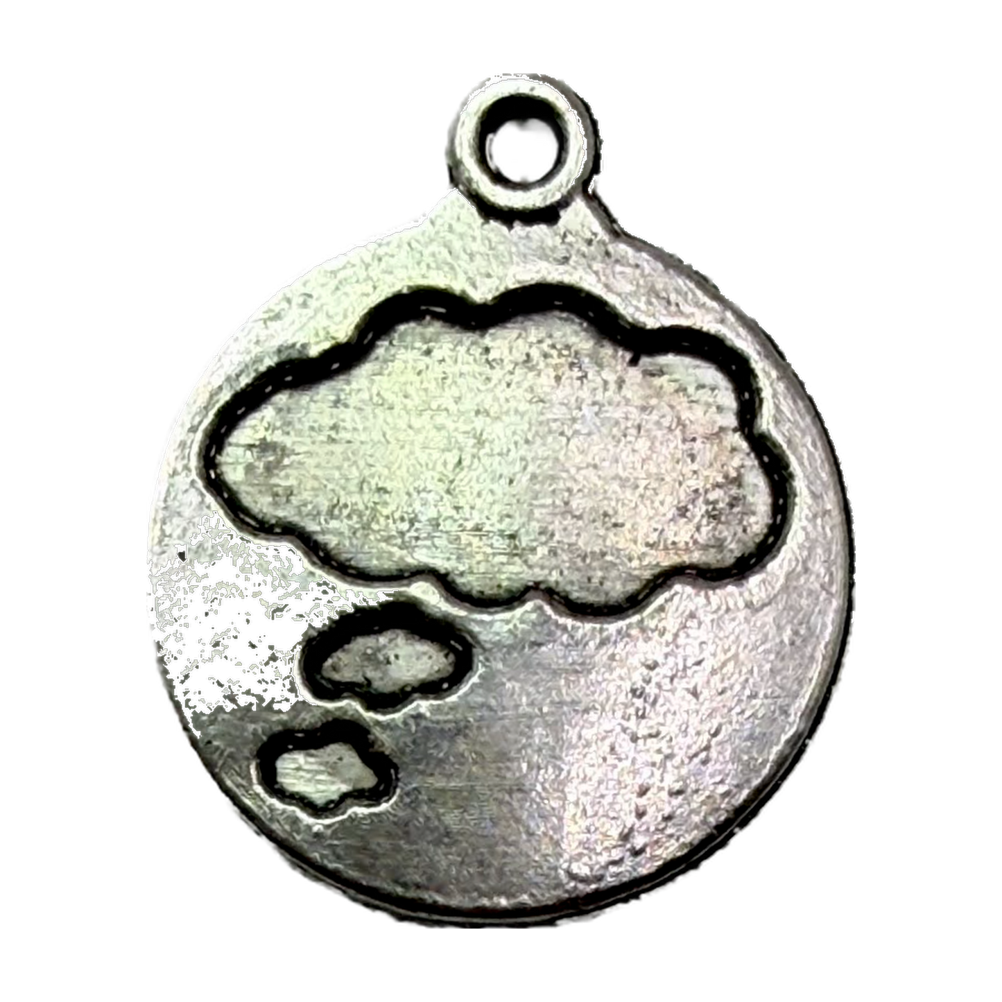 Round antiqued silver thought bubble disc charm with dark recessed outlines