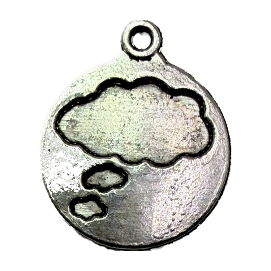Round antiqued silver thought bubble disc charm with dark recessed outlines