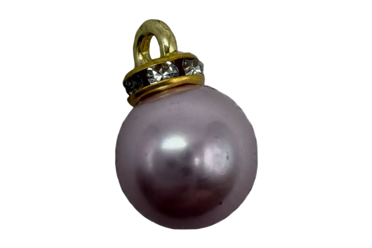 Glossy lavender pearl orb with gold cap and clear faceted stone halo