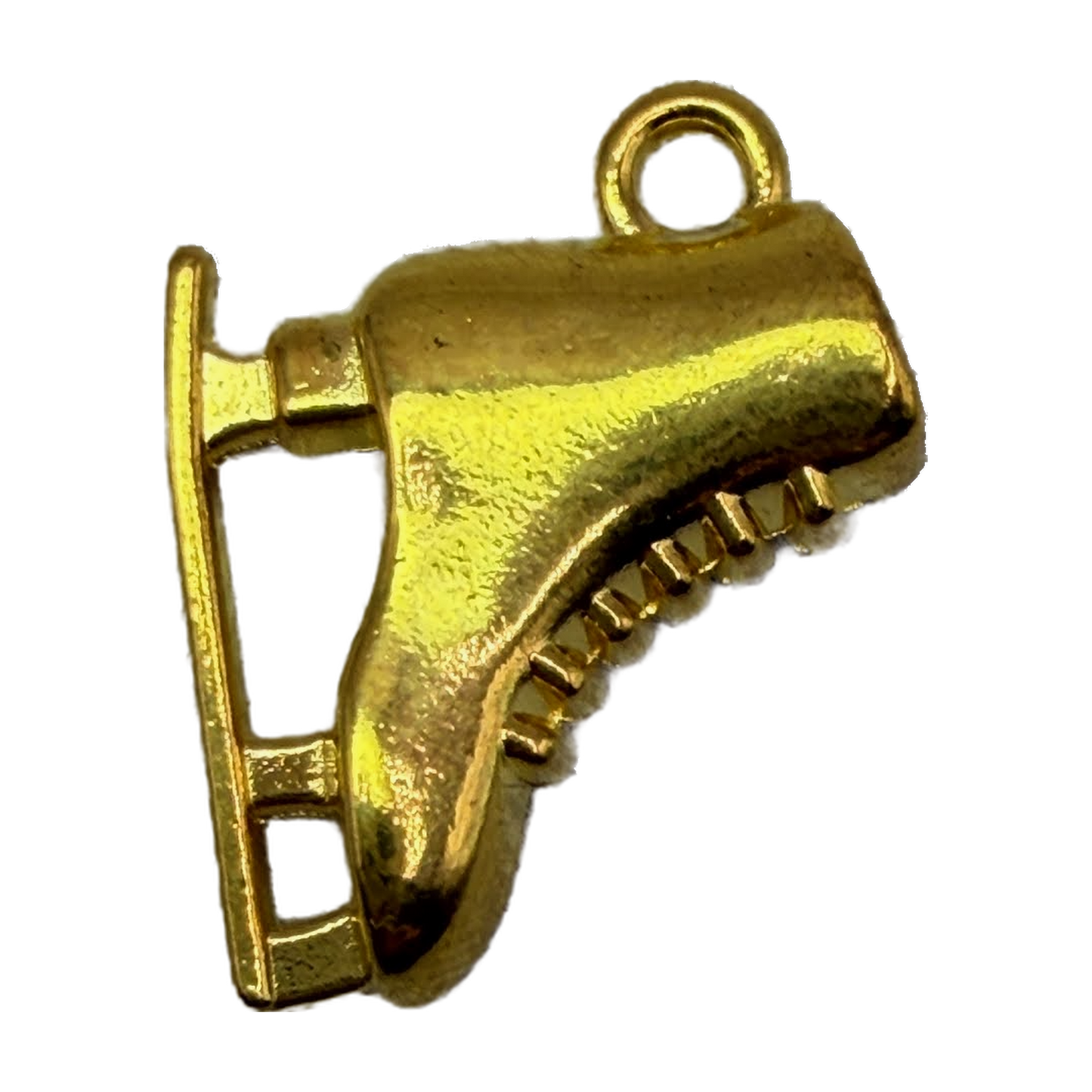 Gold ice skate charm with sculpted boot and blade details on black background