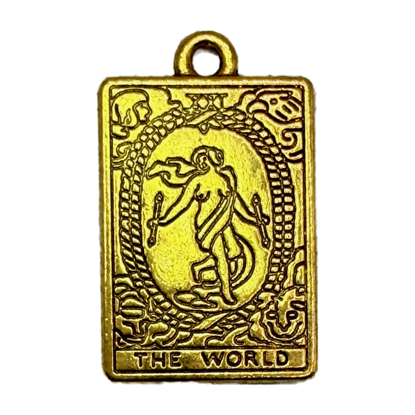Gold rectangular World tarot card pendant with engraved dancing figure, oval wreath, and THE WORLD text