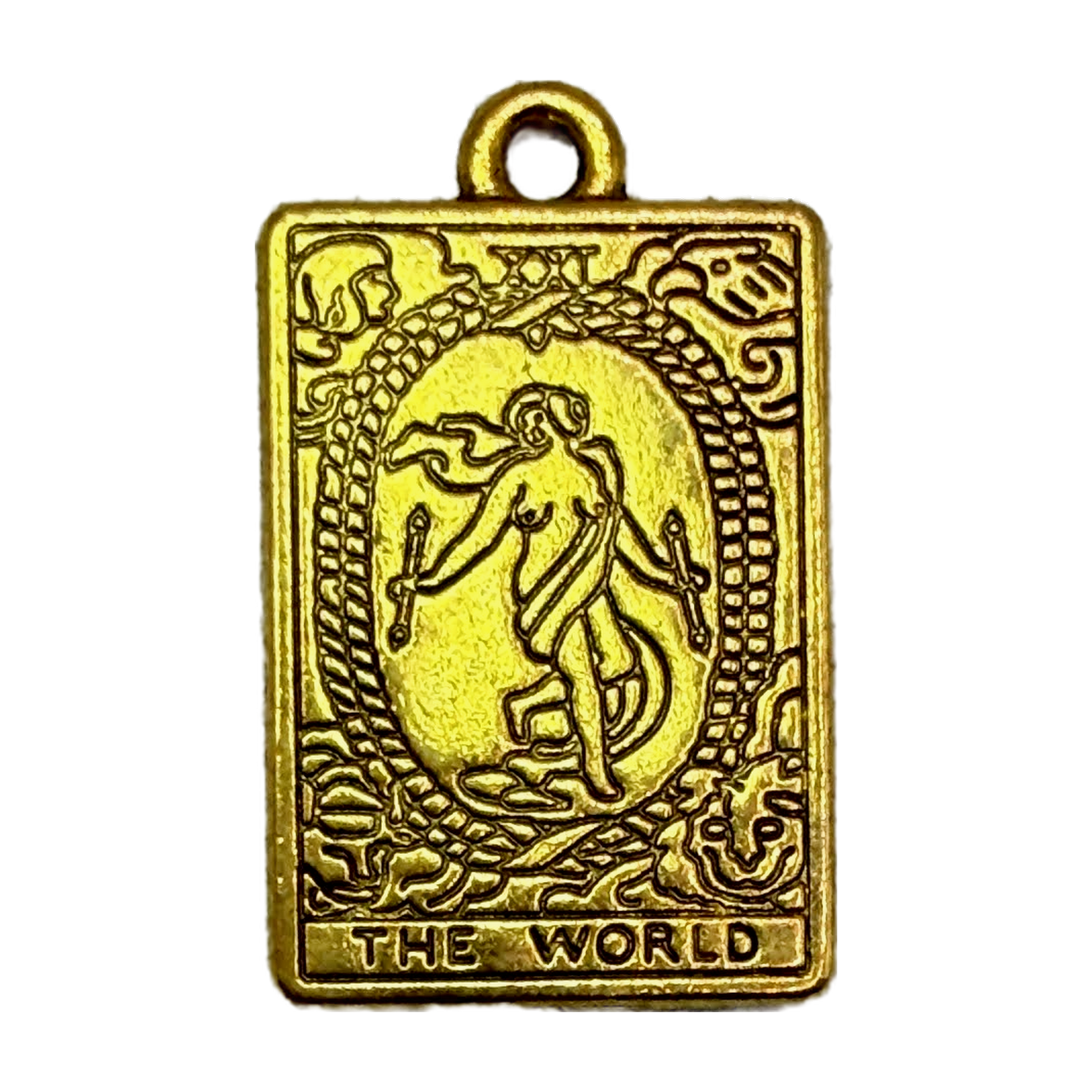 Gold rectangular World tarot card pendant with engraved dancing figure, oval wreath, and THE WORLD text