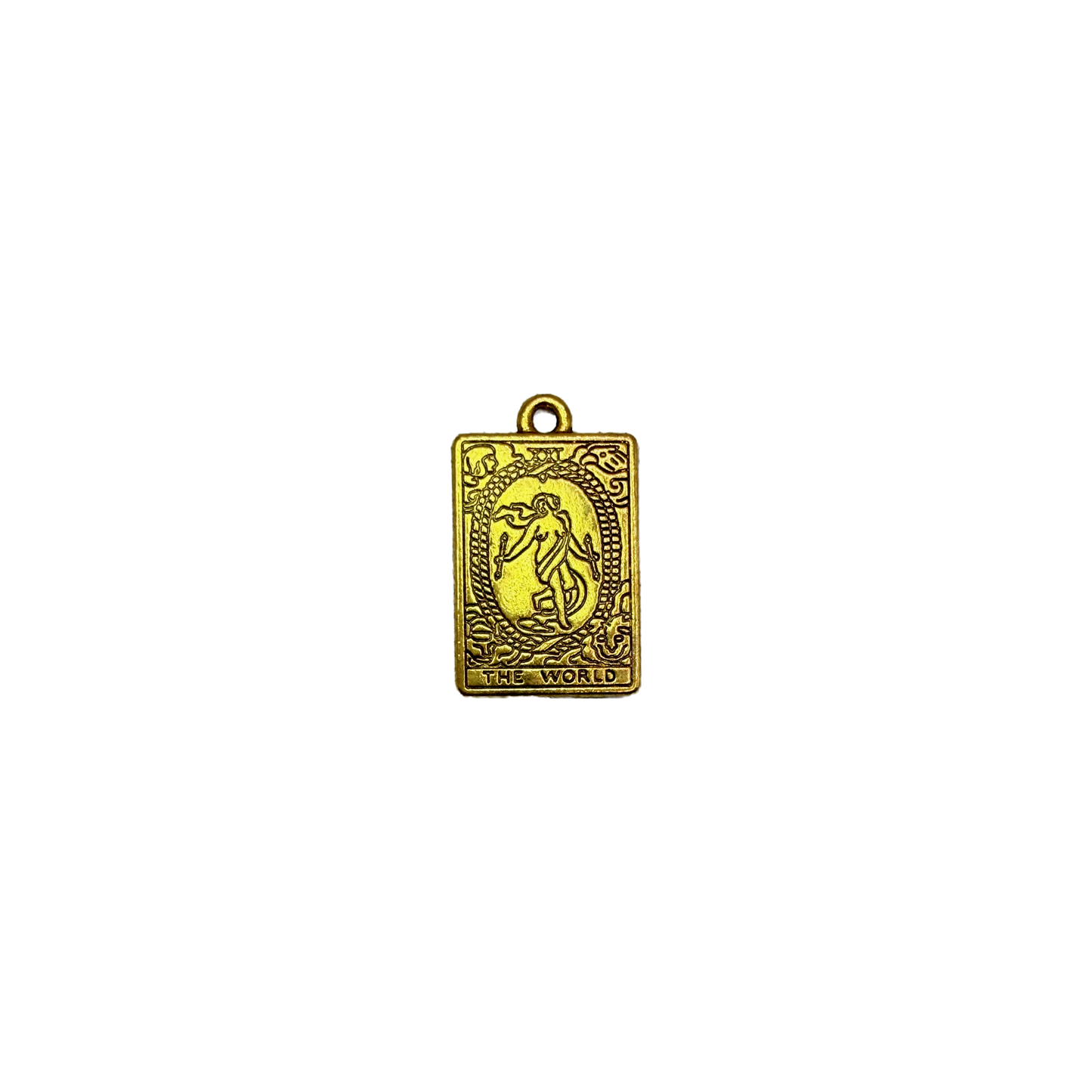 Gold World tarot card pendant with engraved figure and THE WORLD text