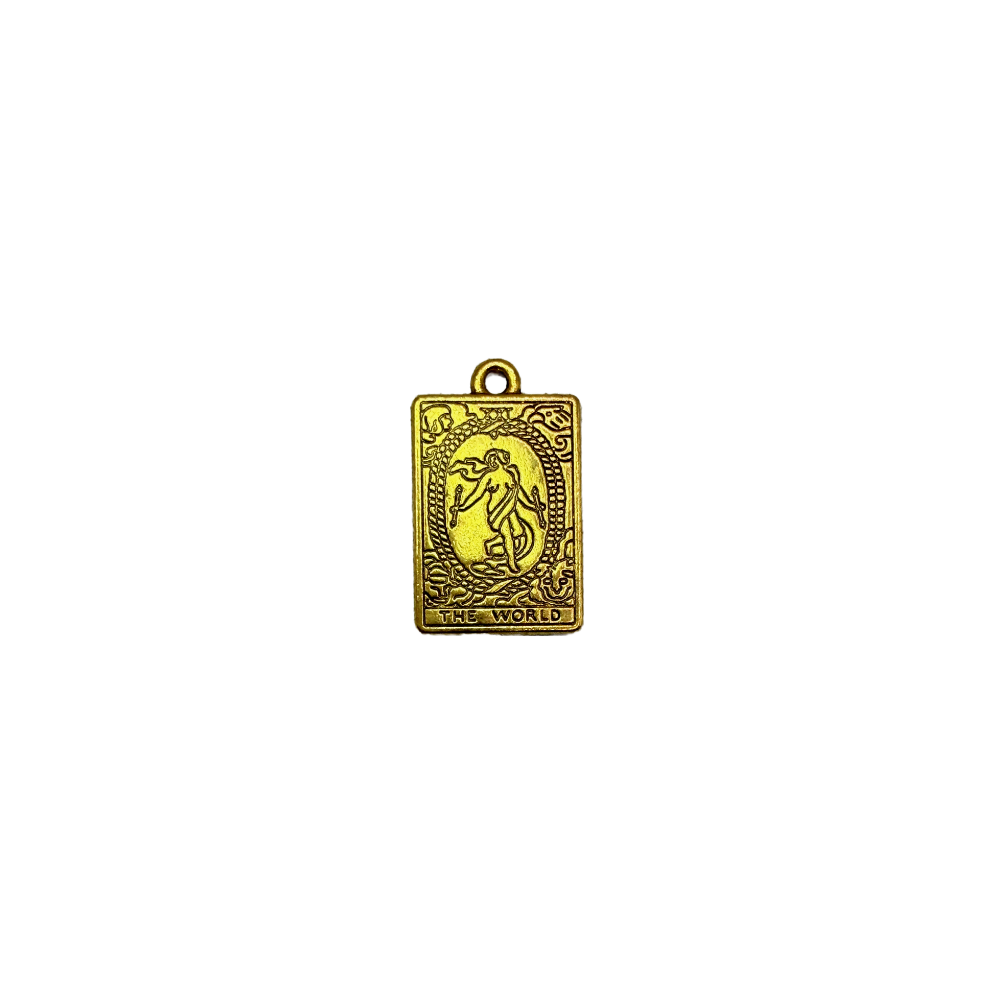 Gold World tarot card pendant with engraved figure and THE WORLD text