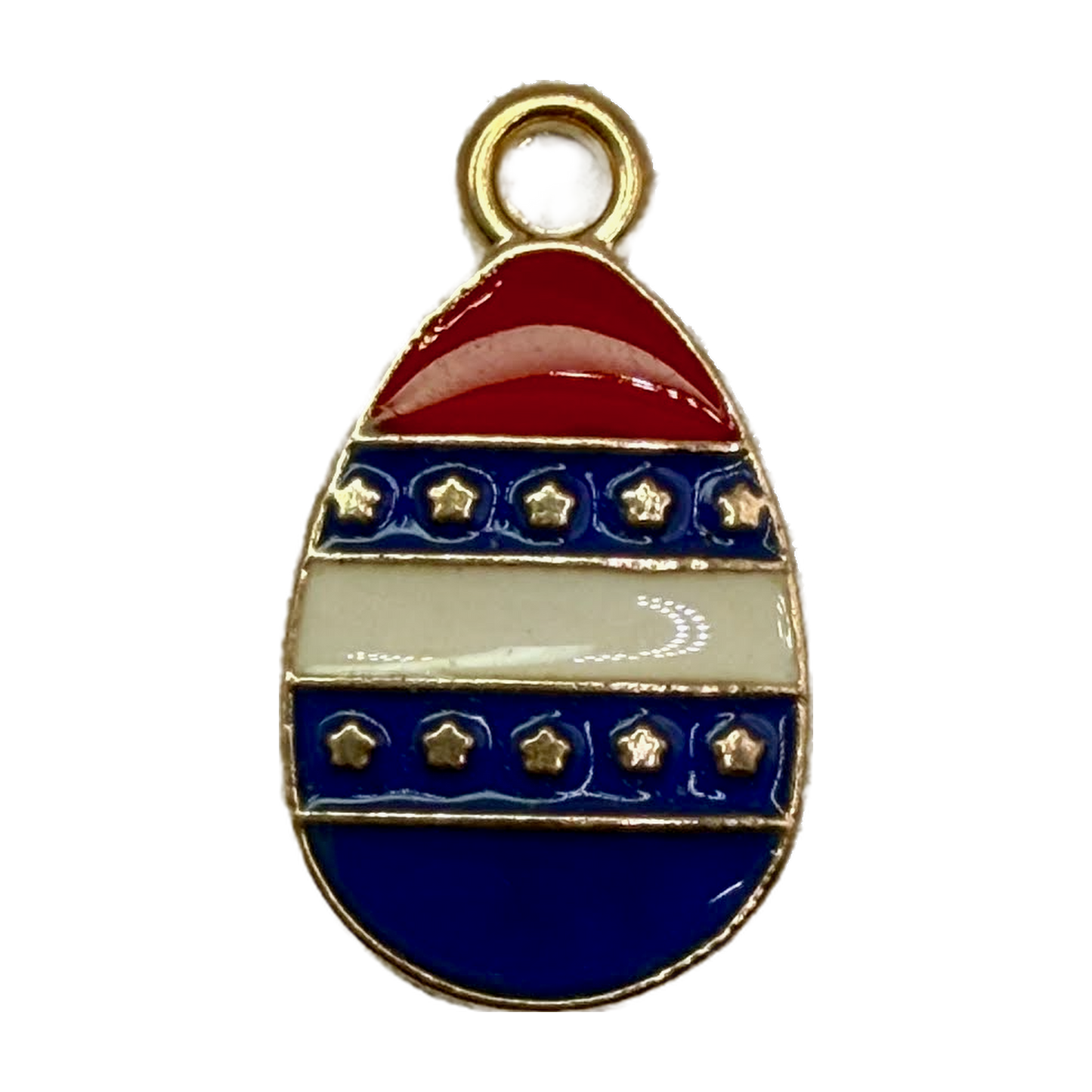 Gold-edged enamel egg with red, white, and blue stripes and small star details