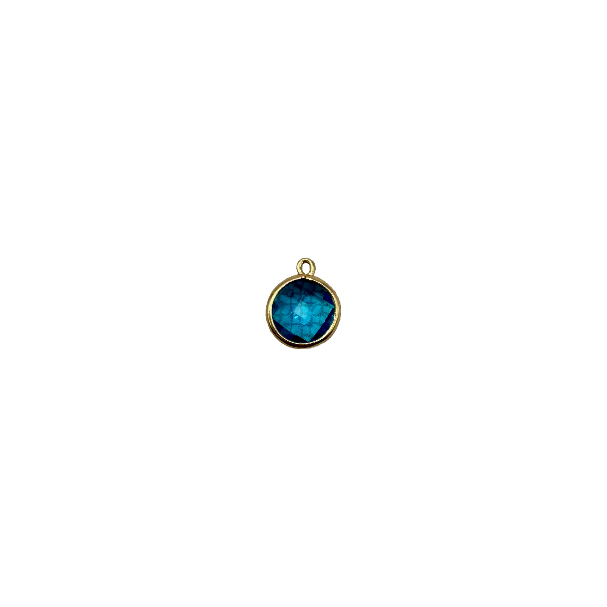 Faceted ocean-blue round gem in polished gold