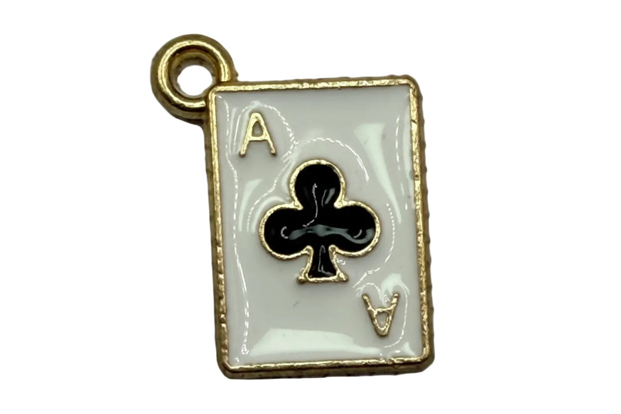 White enamel ace of clubs playing card with black club symbol and gold border