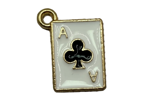 White enamel ace of clubs playing card with black club symbol and gold border